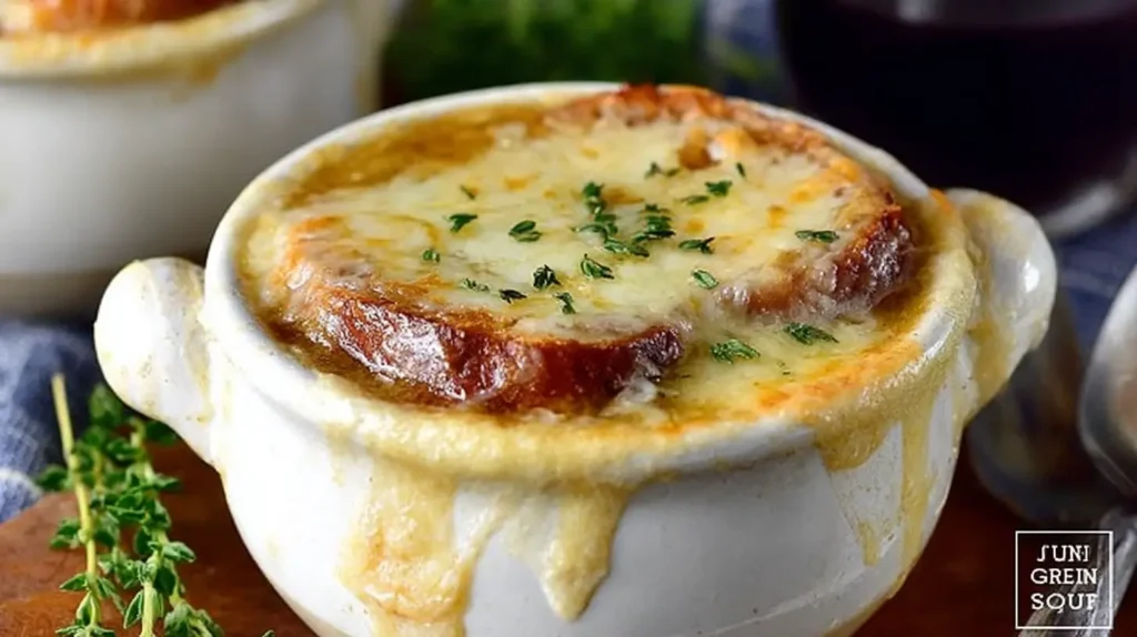 French Onion Soup Recipe Gluten Free served in a white bowl with golden cheese and crispy gluten-free bread on top