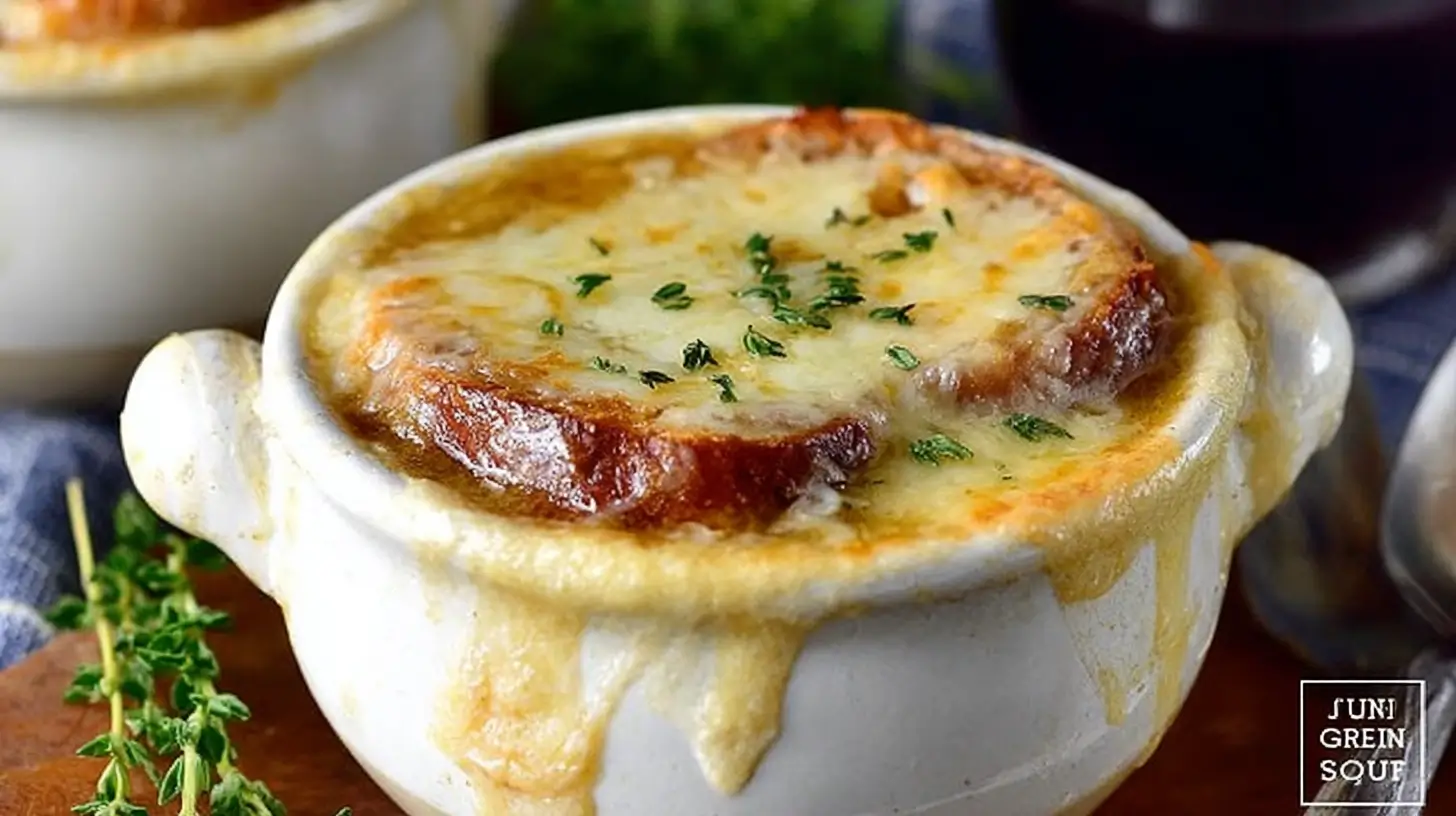 French Onion Soup Recipe Gluten Free served in a white bowl with golden cheese and crispy gluten-free bread on top