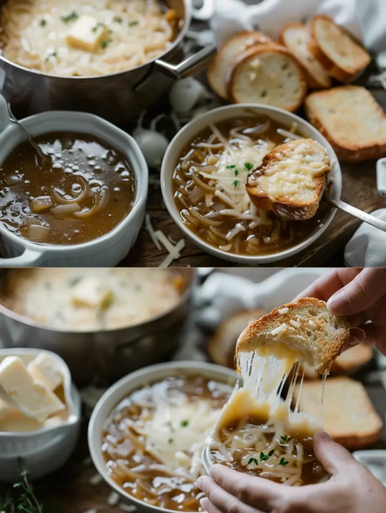 Step-by-step collage showing how to make French Onion Soup Recipe Gluten Free, from melting butter to final cheesy topping