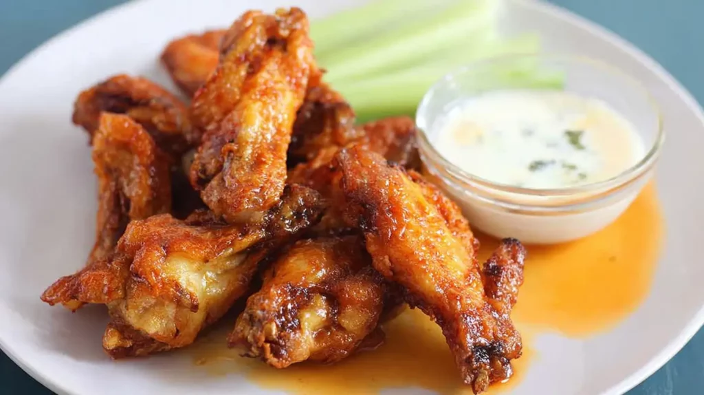 Buffalo wings recipe gluten free served with dipping sauce and celery on a white plate