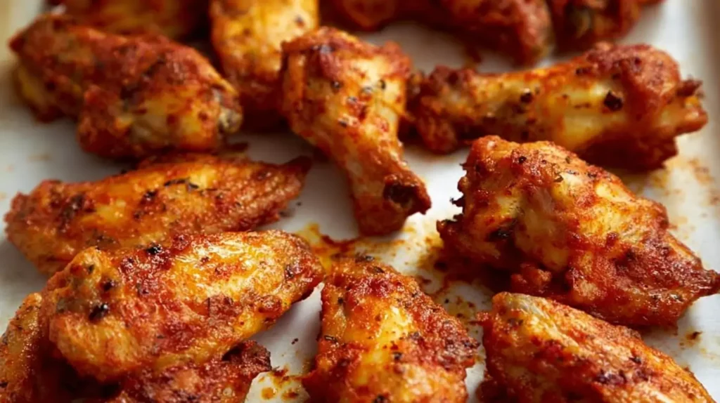 Buffalo wings recipe gluten free with crispy skin and spicy sauce, served hot on a baking tray