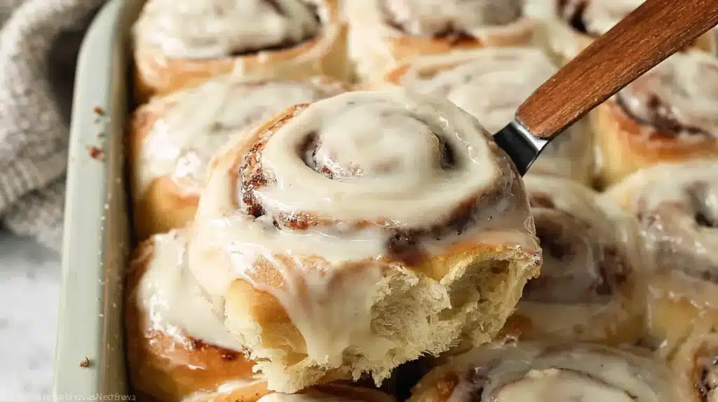 A fork cutting into a soft gluten-free cinnamon roll topped with cream cheese frosting