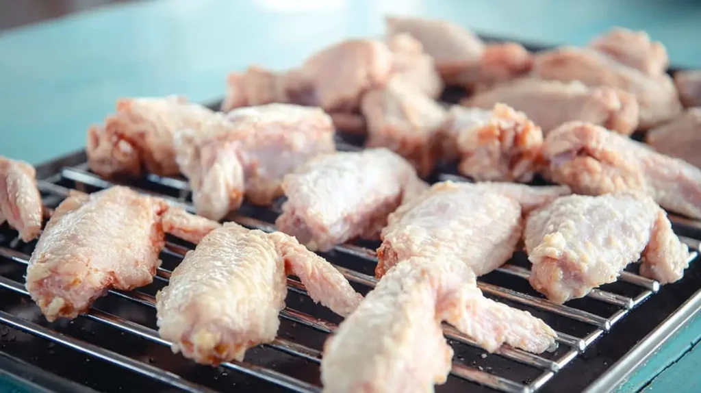 Raw chicken pieces prepped for buffalo wings recipe gluten free on a wire rack ready for baking