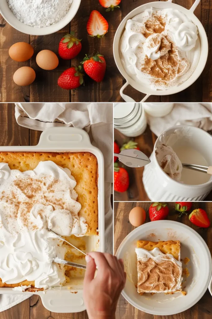 Step-by-step process of making gluten free tres leches cake with ingredients and preparation scenes