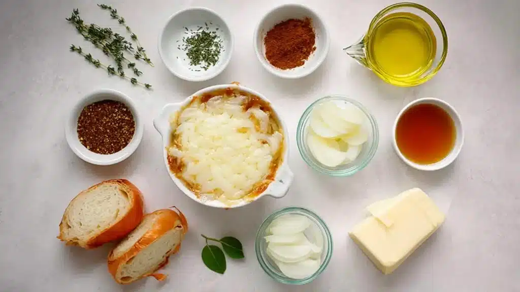 Ingredients for French Onion Soup Recipe Gluten Free arranged on a table, including caramelized onions, gluten-free bread, broth, herbs, butter, and spices.
