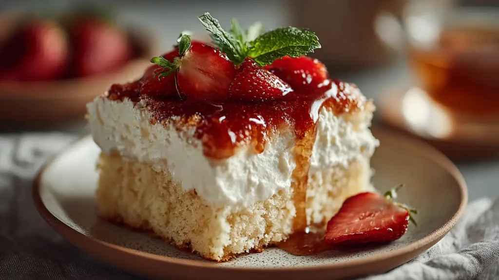 Slice of gluten free tres leches cake topped with whipped cream and strawberries on a white plate