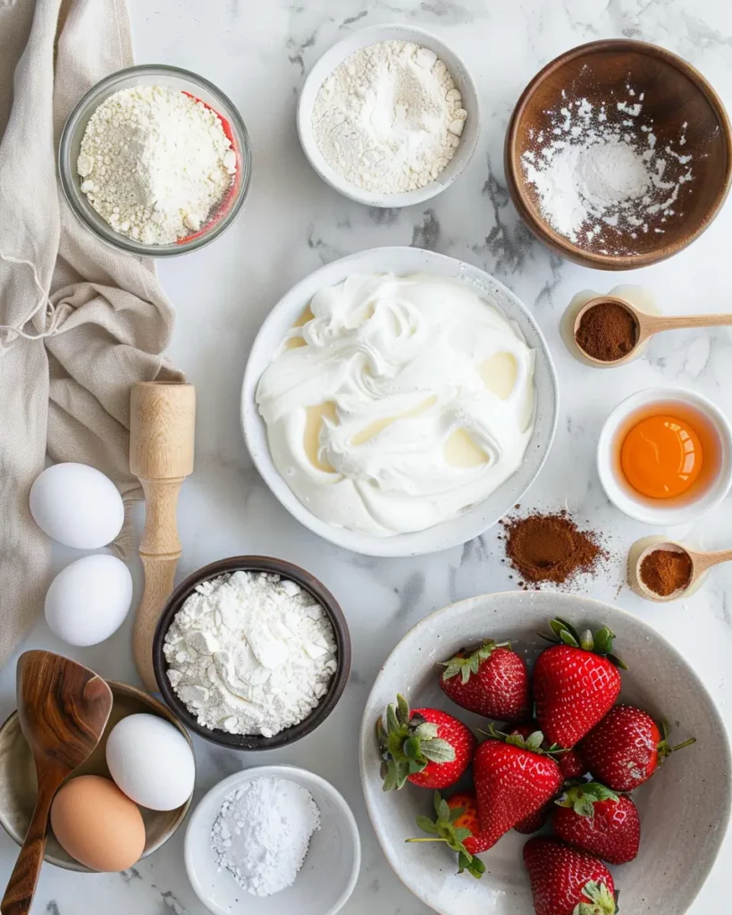Overhead view of gluten free tres leches cake ingredients including eggs, flour, sugar, cream, cinnamon, and strawberries