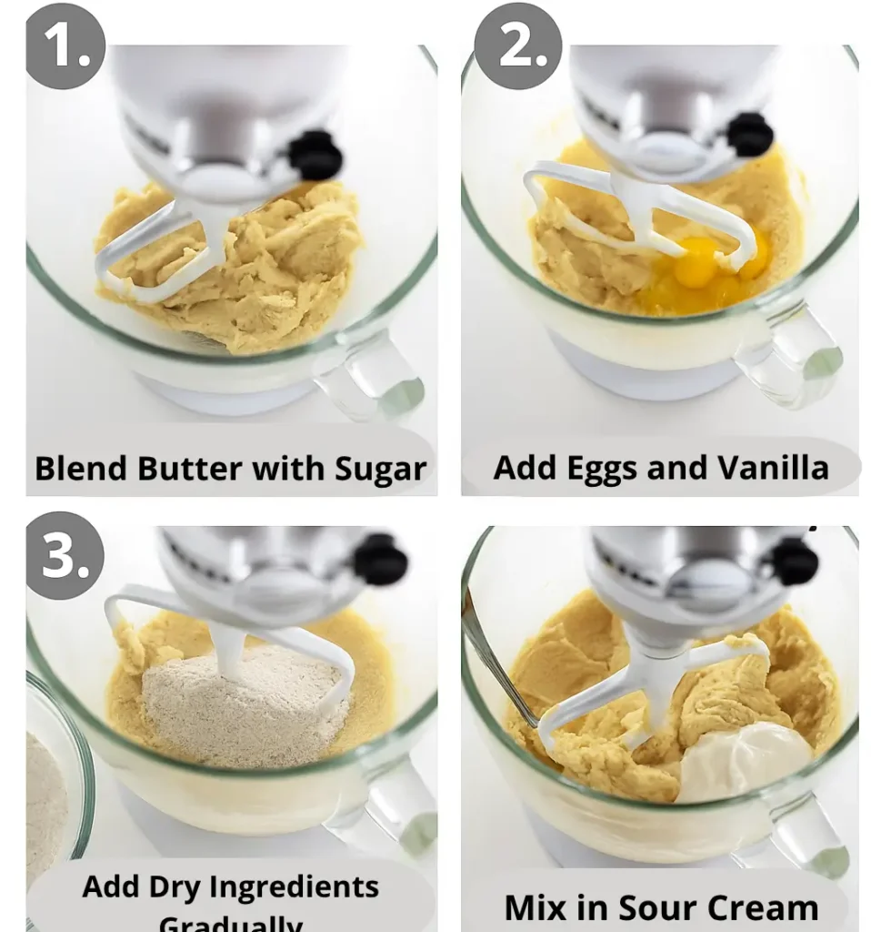 Step-by-step process of making gluten-free sour cream coffee cake batter using a stand mixer, from creaming butter and sugar to adding sour cream.