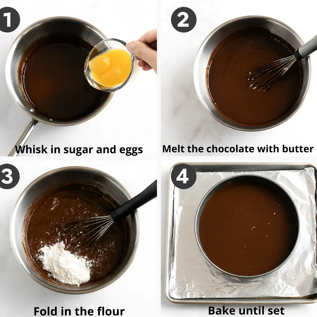 Step-by-step making of gluten-free chocolate mousse cake brownie base including whisking eggs, melting chocolate, folding flour, and baking.