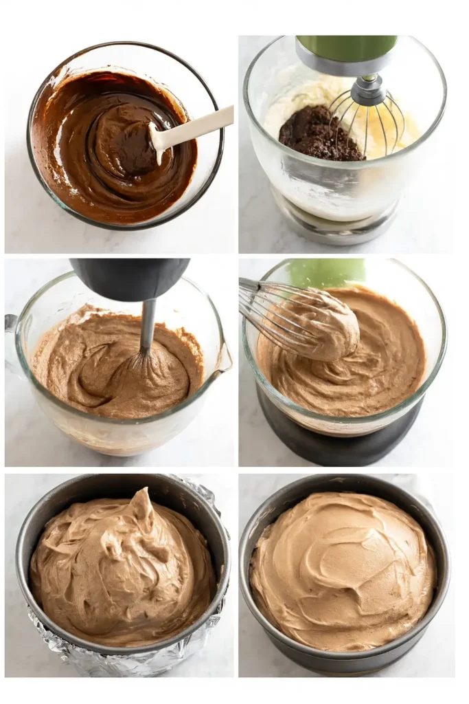 Step-by-step preparation of chocolate mousse for gluten-free cake including mixing, whipping, and spreading mousse.