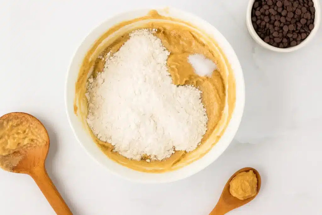 Top-down view of a white bowl with gluten-free cookie dough, flour, and salt being mixed. Chocolate chips and a wooden spoon with dough are nearby on a light surface.