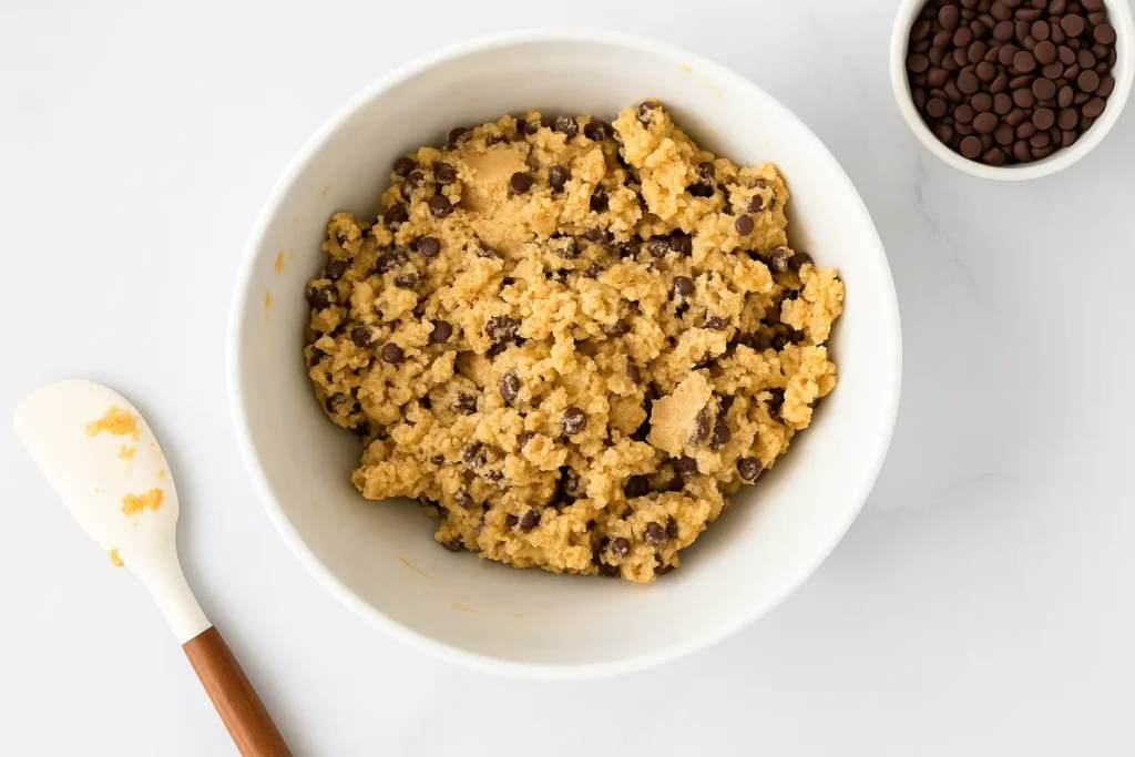 Top-down view of Gluten Free Edible Cookie Dough in a bowl with chocolate chips and a spatula on a light surface.