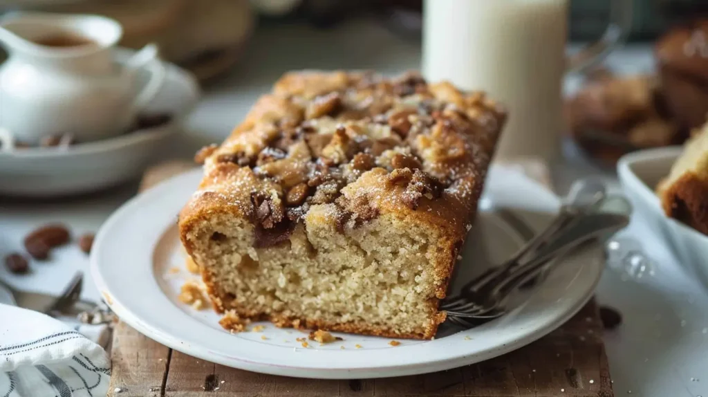  Slice of gluten-free sour cream coffee cake served on a plate with cinnamon streusel topping