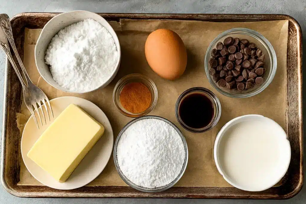 Gluten free browned butter chocolate chip cookies ingredients including flour butter sugar eggs and chocolate chips