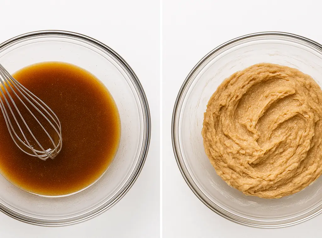 Step by step process for gluten free browned butter chocolate chip cookies showing butter mixed with sugars and dough with dry ingredients