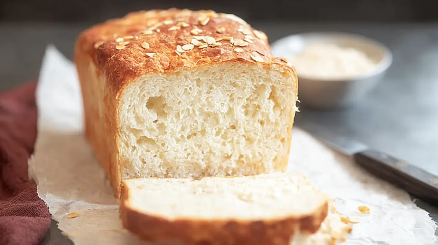 Freshly baked gluten-free dairy-free bread RECIPES loaf sliced on a wooden board, showcasing a soft, airy crumb and golden crust.