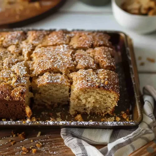 Freshly baked gluten-free sour cream coffee cake cut into squares with a golden cinnamon streusel topping