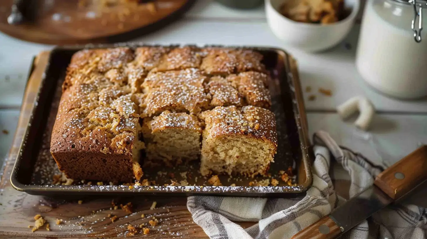 Freshly baked gluten-free sour cream coffee cake cut into squares with a golden cinnamon streusel topping