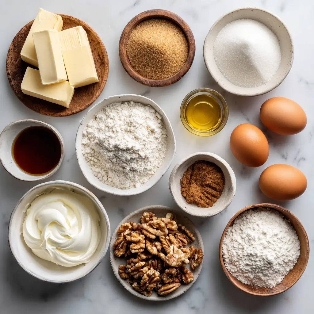 Top-down view of gluten-free sour cream coffee cake ingredients arranged in bowls on a marble surface, including butter, sour cream, sugars, flour, eggs, and walnuts