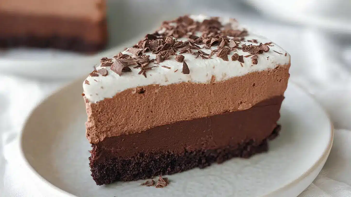 Slice of gluten-free chocolate mousse cake on a plate with whipped cream topping