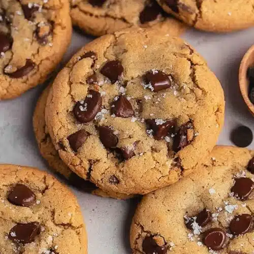 Gluten free browned butter chocolate chip cookies on a baking tray with melted chocolate chips and flaky sea salt