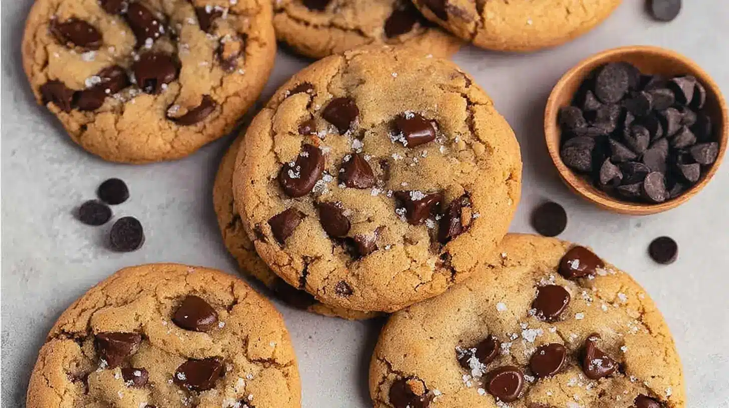 Gluten free browned butter chocolate chip cookies on a baking tray with melted chocolate chips and flaky sea salt