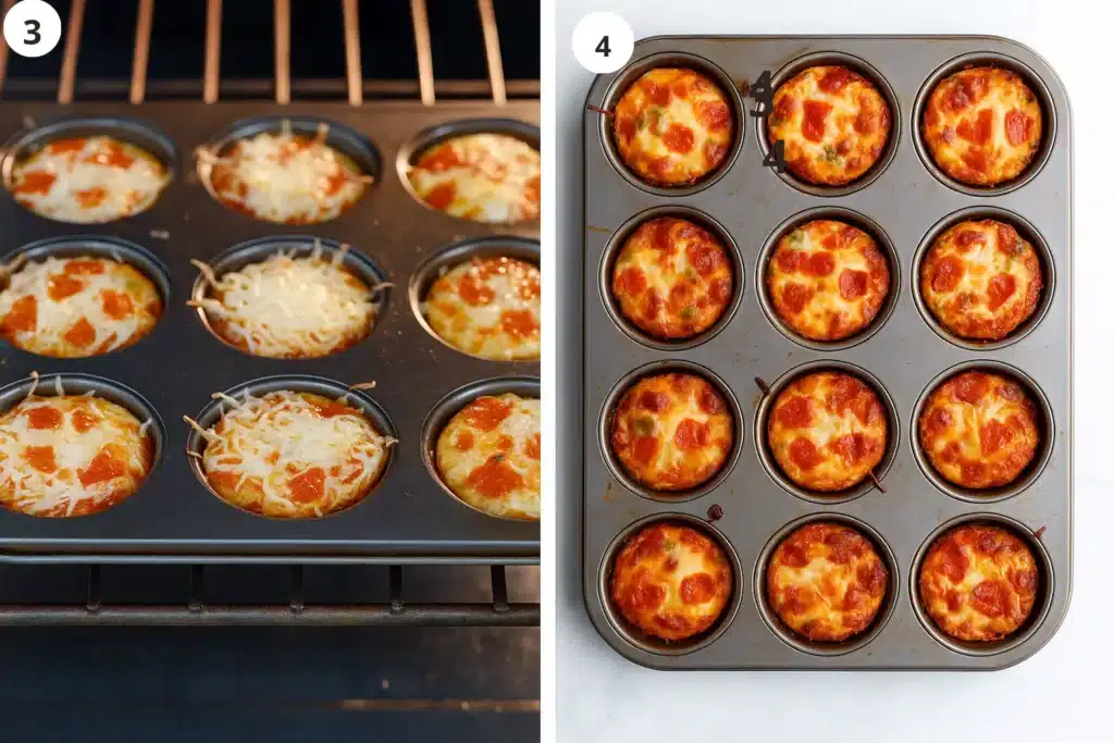 Final baking steps of gluten free pizza bites inside muffin tin