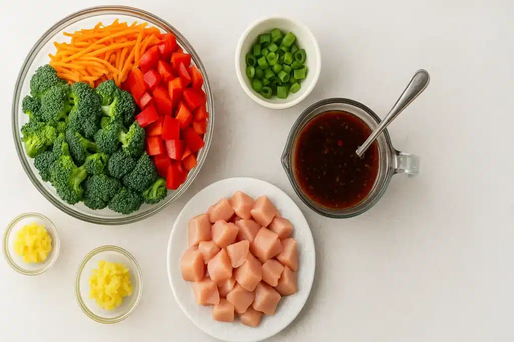 Top view of chicken stir fry gluten free served with rice and colorful vegetables on a white plate