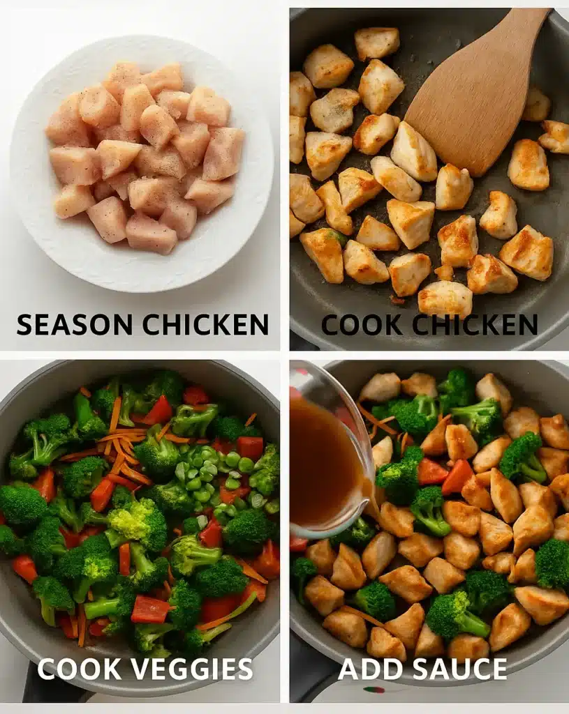 Step-by-step guide showing how to make chicken stir fry gluten free with chicken, vegetables, and sauce