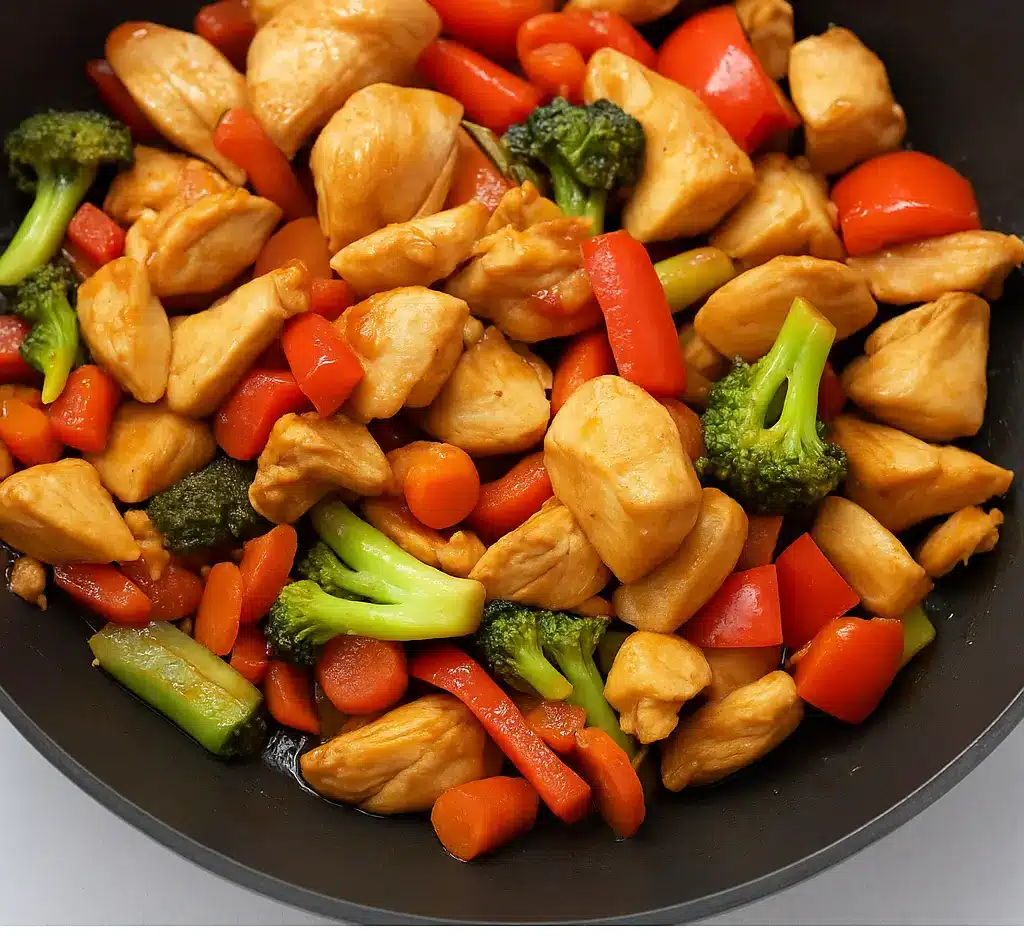Final shot of chicken stir fry gluten free with broccoli, carrots, and bell peppers in a glossy sauce