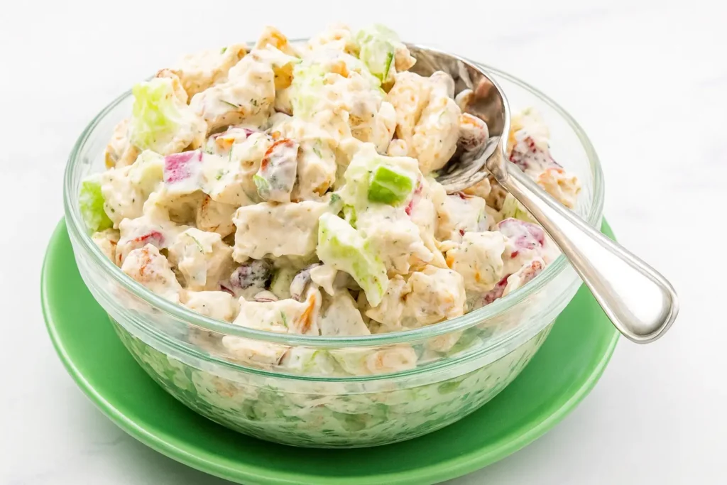 Bowl of gluten free chicken salad with celery and cranberries on a green plate