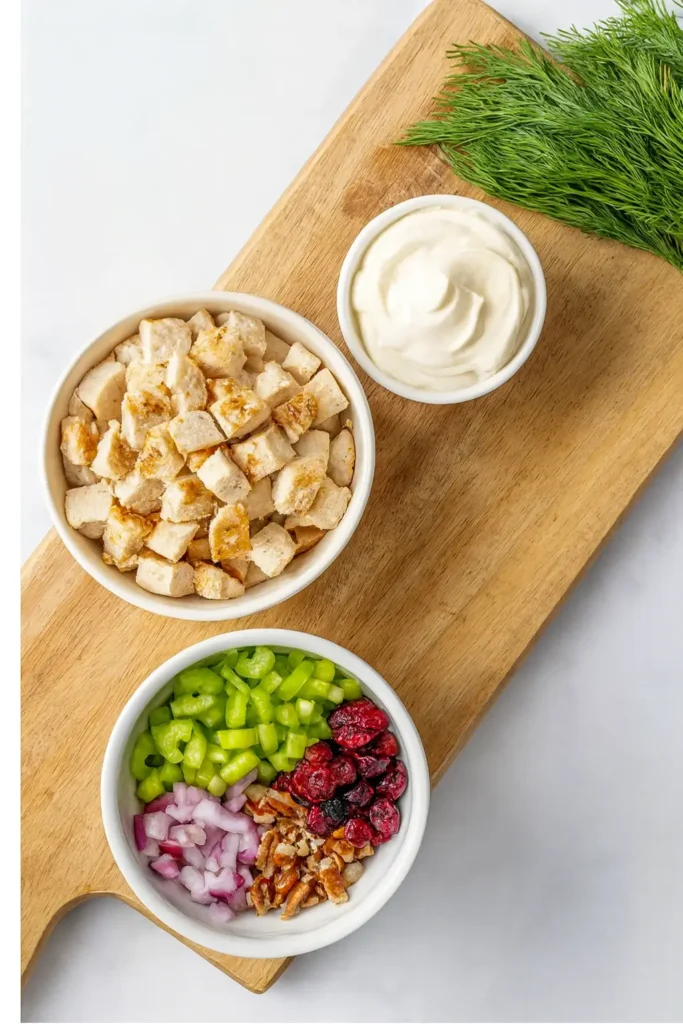 Ingredients for gluten free chicken salad in bowls including cooked chicken, mayonnaise, celery, cranberries, red onion, and dill on a wooden board