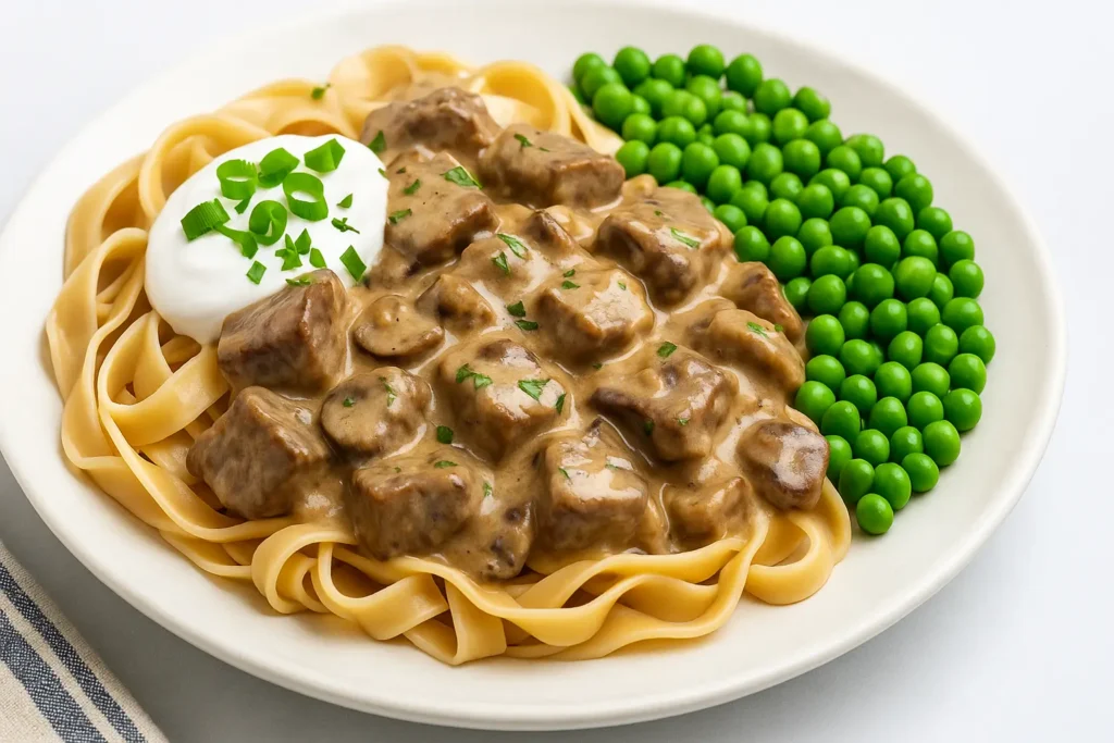 Gluten-Free Beef Stroganoff with creamy mushroom sauce, noodles, and green peas on a white plate