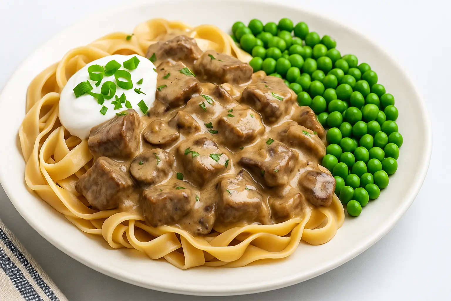Gluten-Free Beef Stroganoff with creamy mushroom sauce, noodles, and green peas on a white plate