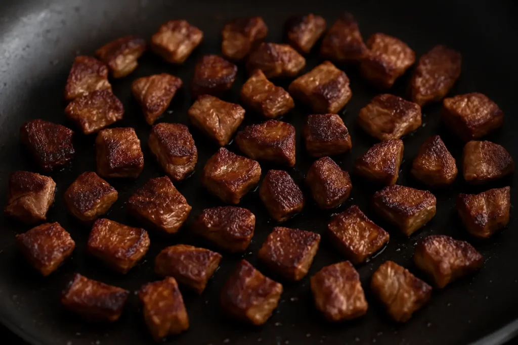 Crispy seared beef cubes cooking in a skillet.