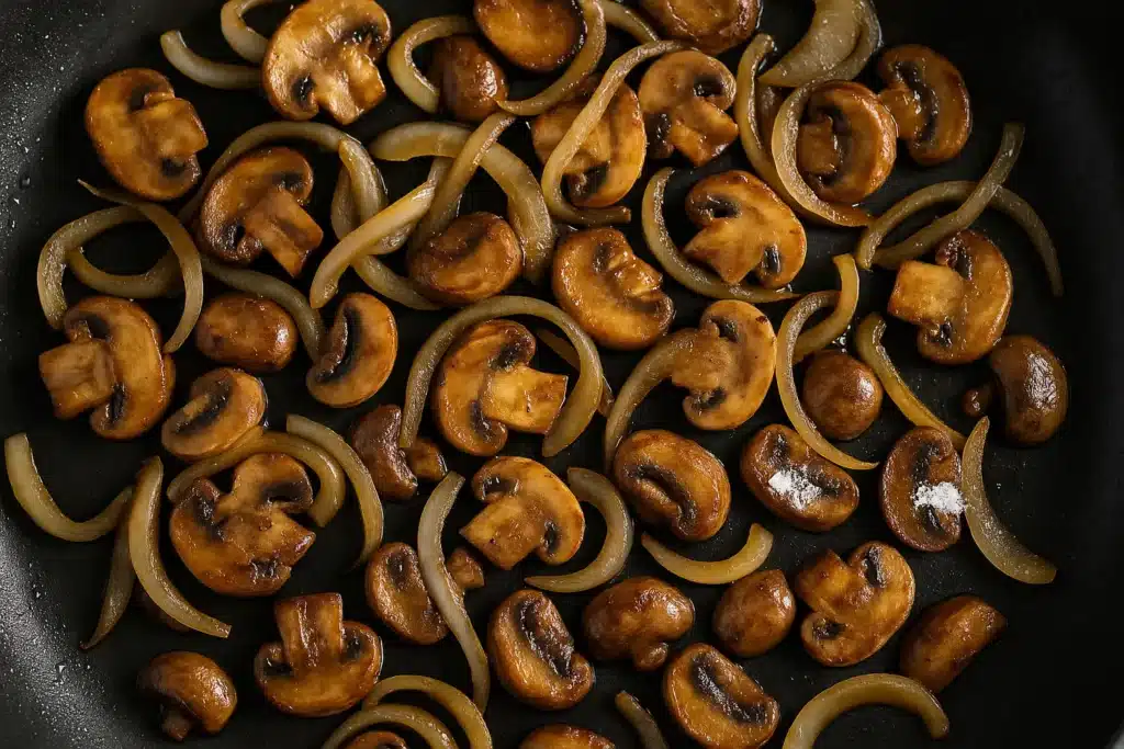 Sautéed mushrooms and onions in a skillet.
