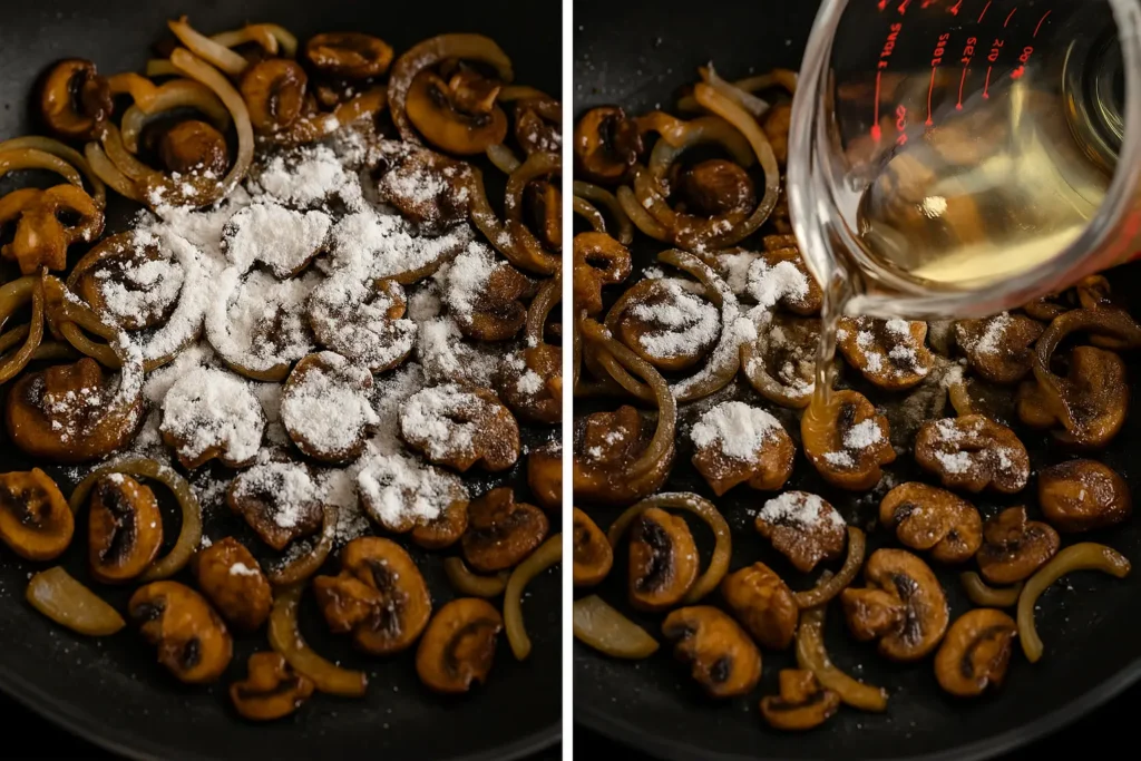 Flour being mixed into sautéed mushrooms and onions, followed by a splash of wine in a skillet.