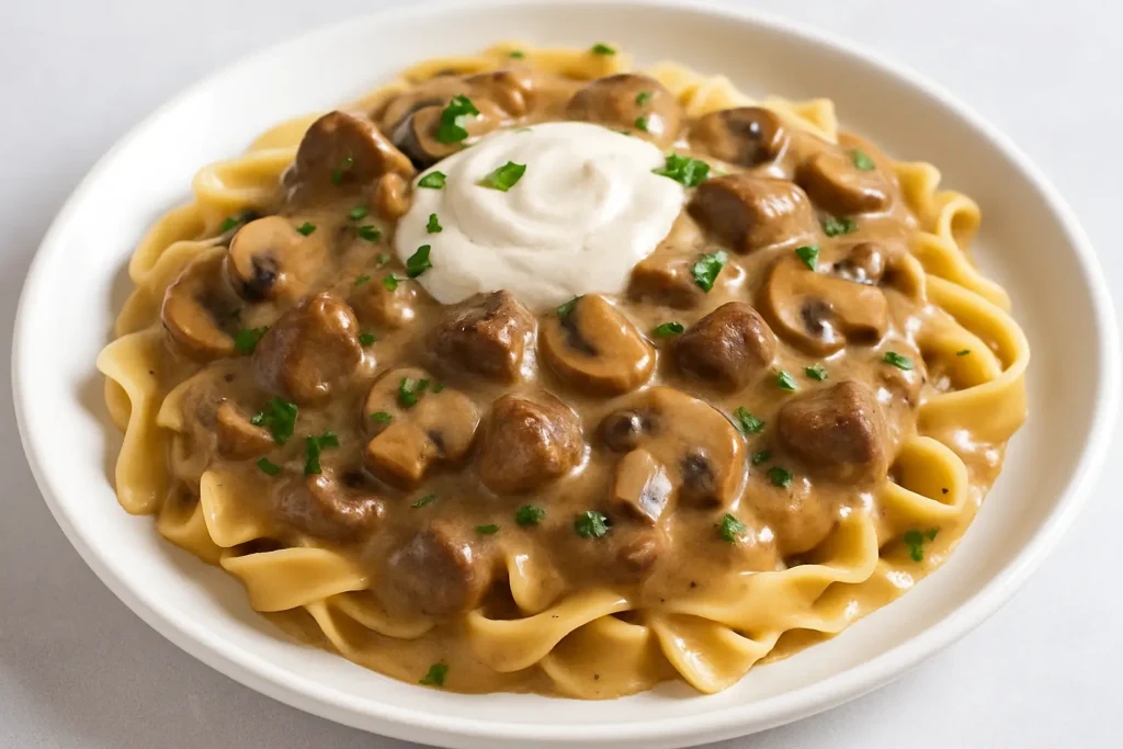 Creamy beef stroganoff served over egg noodles, garnished with chopped parsley and a dollop of sour cream.