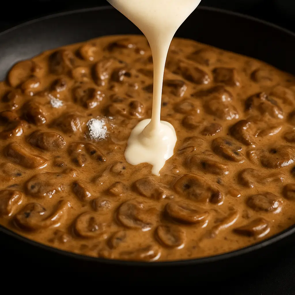 Cream being poured into a mushroom sauce in a skillet.