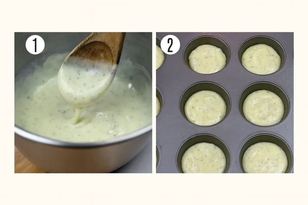 Step-by-step photo showing how to mix gluten-free batter and fill muffin tin to make gluten free pizza bites