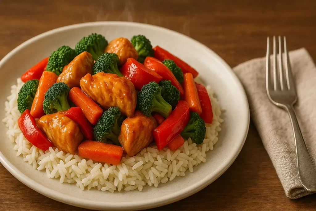 Realistic gluten free chicken stir fry served over rice with vegetables on a white plate