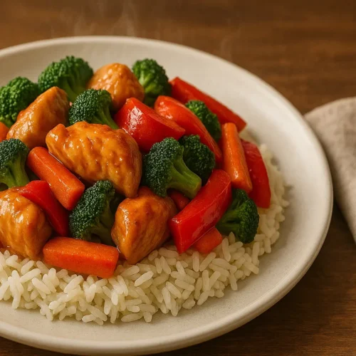 Realistic gluten free chicken stir fry served over rice with vegetables on a white plate