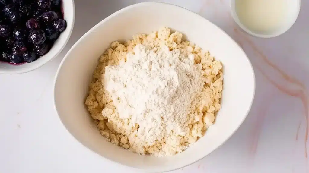 Bowl of gluten free flour with baking powder and cinnamon, ready for cobbler topping