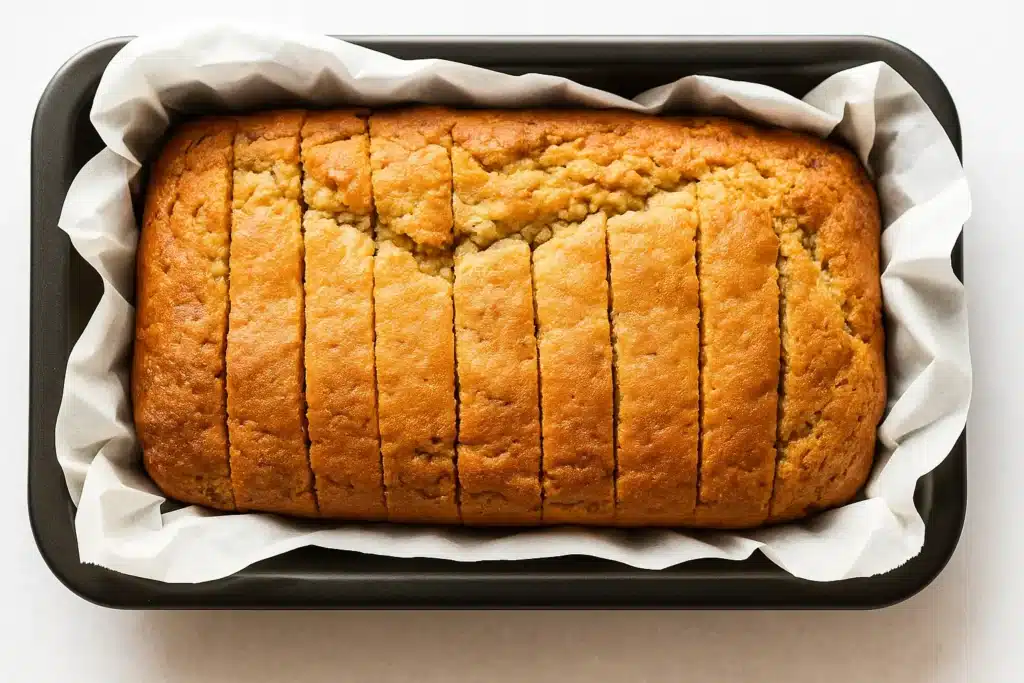 A freshly baked gluten egg free banana bread in a parchment-lined pan, golden and sliced, ideal for allergy-friendly baking.