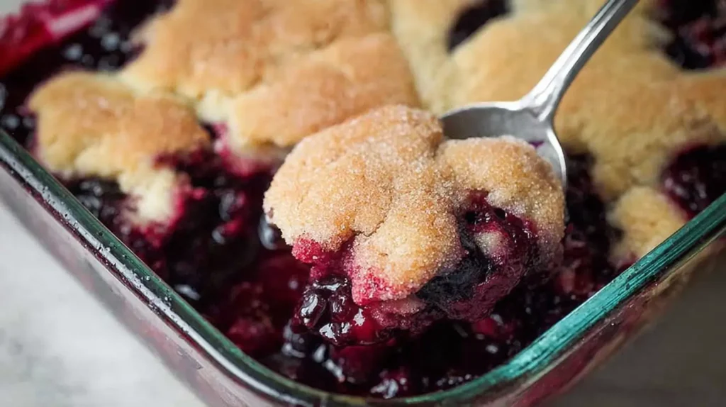 Close-up of a freshly baked gluten free blueberry cobbler with golden topping and juicy berries in a white baking dish