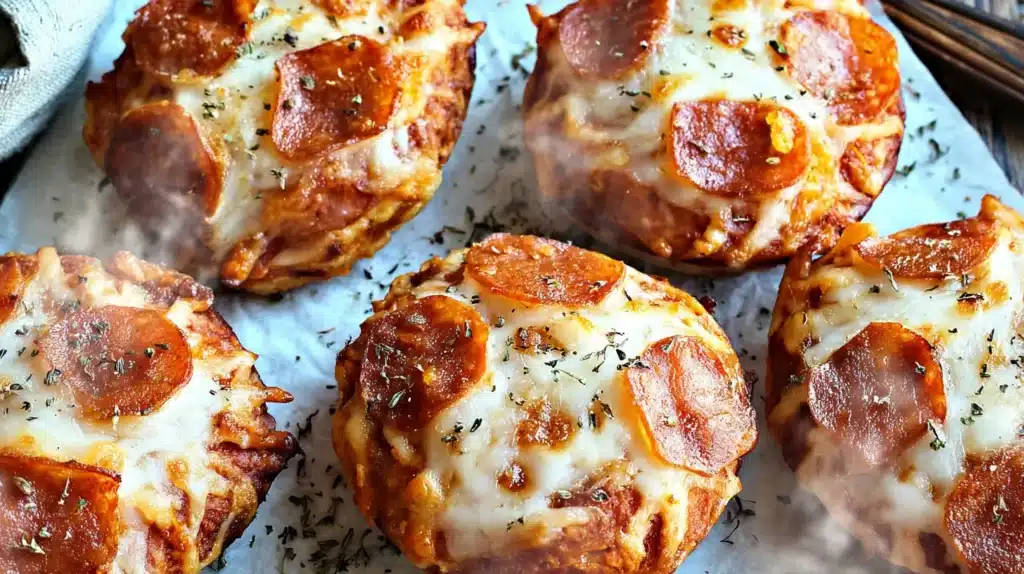 Gluten free pizza bites baked in muffin tin with cheese and pepperoni on top