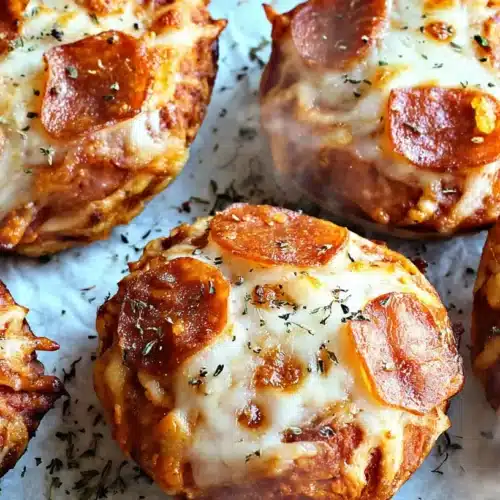 Gluten free pizza bites baked in muffin tin with cheese and pepperoni on top