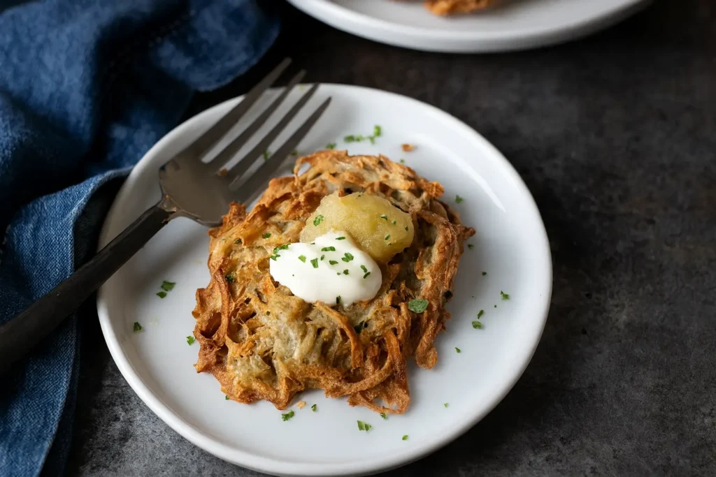 Gluten free potato latkes topped with sour cream and applesauce on a white plate