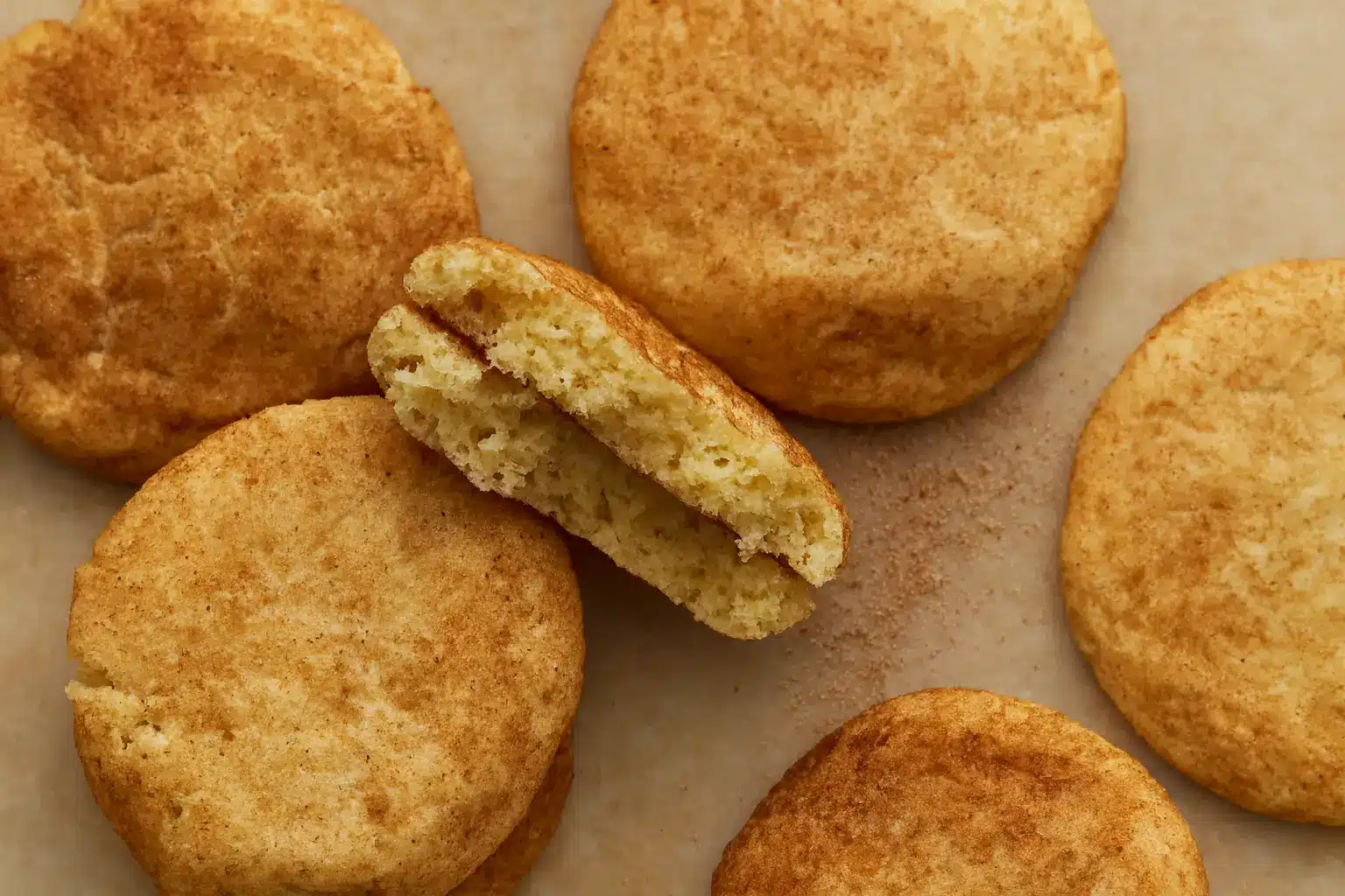 Close-up of gluten free snickerdoodle cookies recipe with crackly tops and soft centers on parchment paper