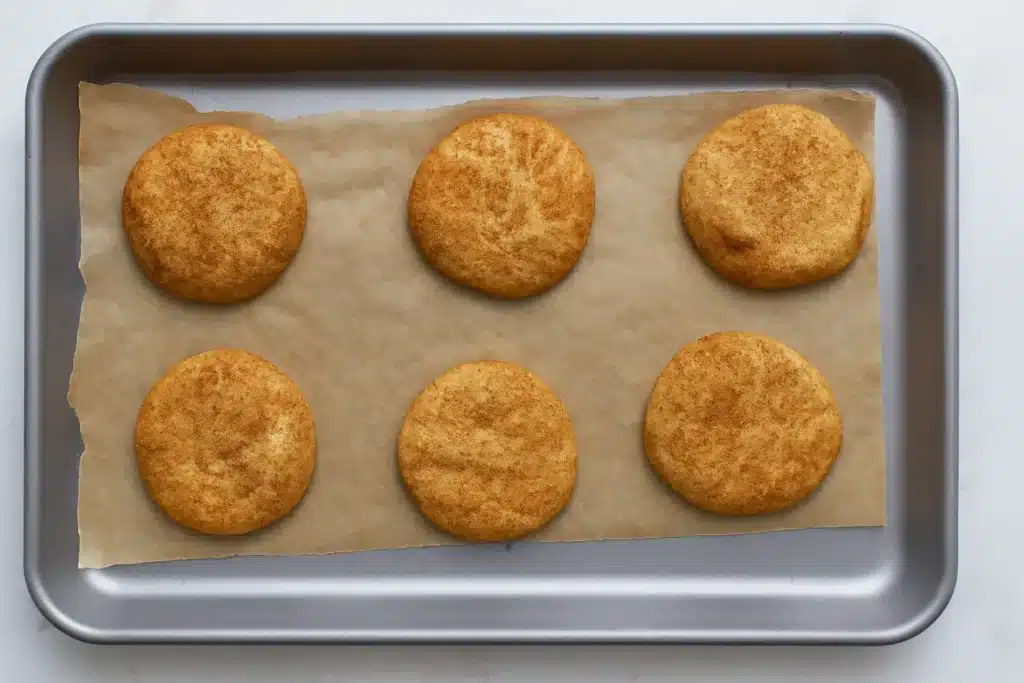 Freshly baked gluten free snickerdoodles cooling on a tray lined with parchment paper